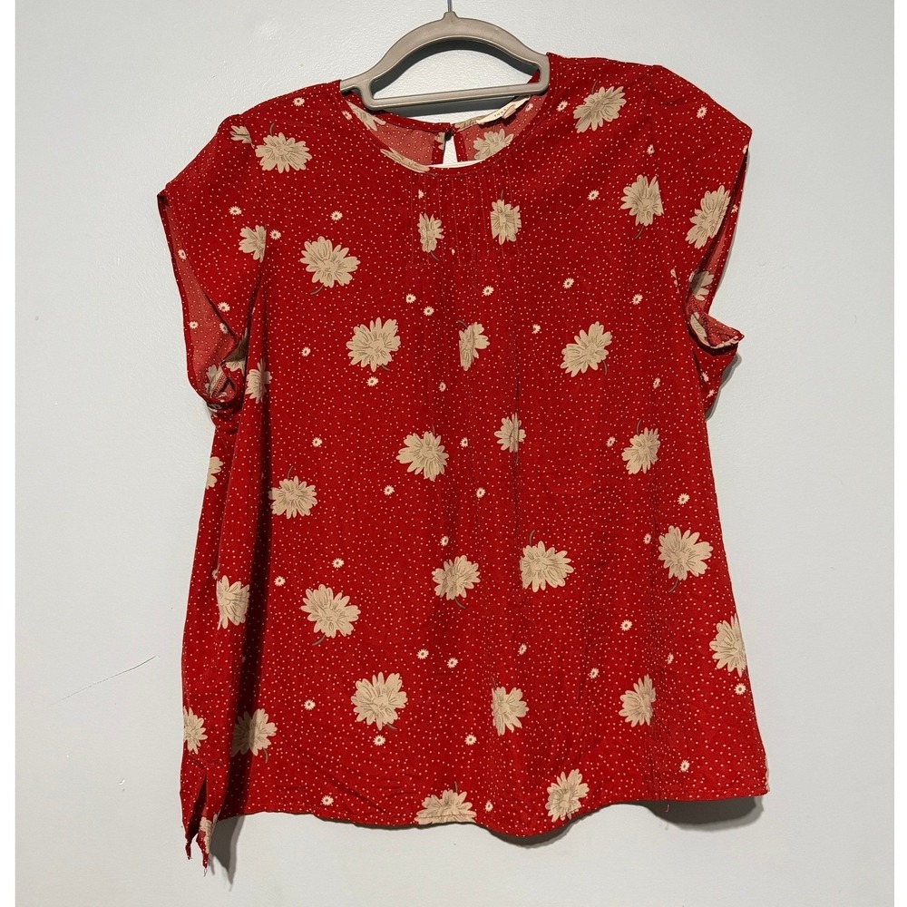 Fun2fun Women's 1XL Red Daisy Polka Dot Cap Sleeve Blouse Top 1791